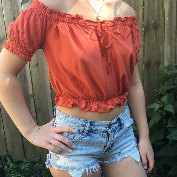 H&M Off the Shoulder Midriff Shirt in Terracotta, Women's S, Crop Top Cap Sleeve - Picture 7 of 7